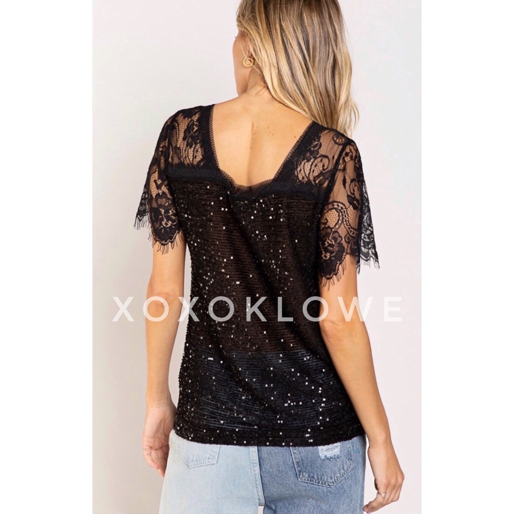 POL Black Sequin V Neck Lace Short Sleeves Sheer Top - Picture 6 of 15